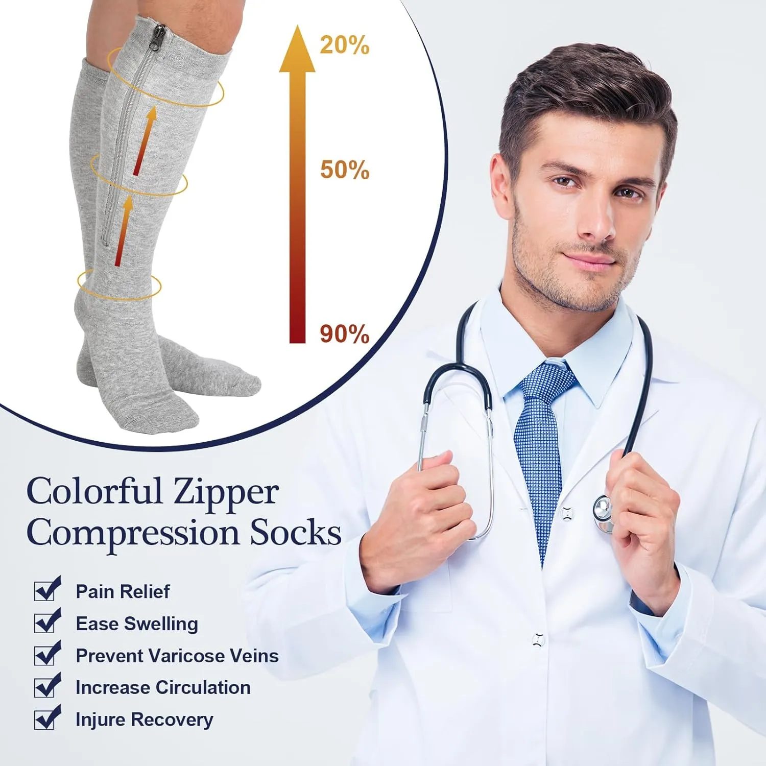 Tarpop 4 Pairs Men Zipper Compression Socks Colorful 20-30mmhg Compression Stockings with Zipper for Men Women Swelling Edema
