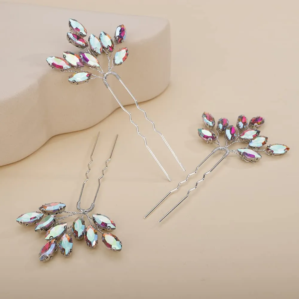 Teyglen 3pcs Bridal Crystal Hair Pins Rhinestones Hair Pieces Simple Crystal Wedding Hair Accessories Handmade Hair Pins for Women Bride Girls (Ab color)