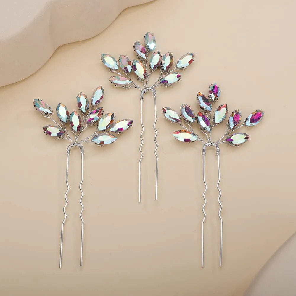 Teyglen 3pcs Bridal Crystal Hair Pins Rhinestones Hair Pieces Simple Crystal Wedding Hair Accessories Handmade Hair Pins for Women Bride Girls (Ab color)