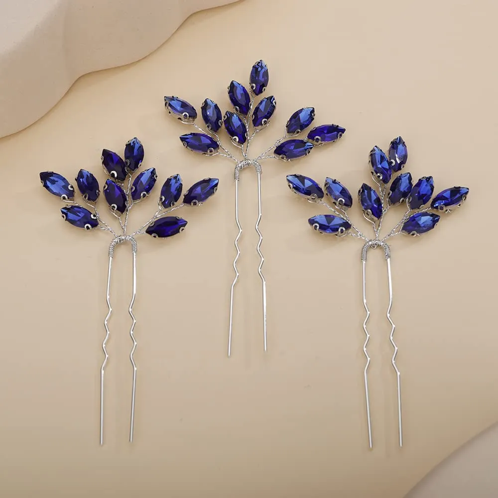 Teyglen 3pcs Bridal Crystal Hair Pins Rhinestones Hair Pieces Simple Crystal Wedding Hair Accessories Handmade Hair Pins for Women Bride Girls (Blue)