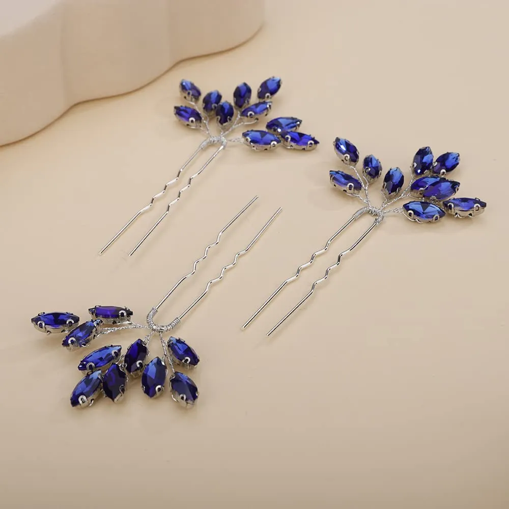 Teyglen 3pcs Bridal Crystal Hair Pins Rhinestones Hair Pieces Simple Crystal Wedding Hair Accessories Handmade Hair Pins for Women Bride Girls (Blue)