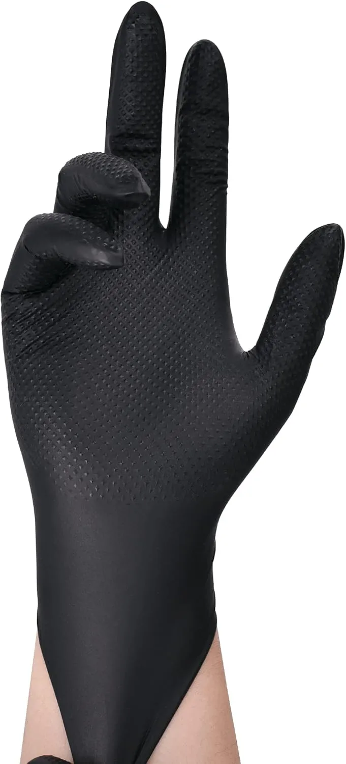 TitanFlex Thor Grip Heavy Duty Black Industrial Nitrile Gloves with Raised Diamond Texture, 8-mil, Latex Free