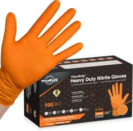 TitanFlex Thor Grip Heavy Duty Industrial Orange Nitrile Gloves with Raised Diamond Texture, 8-mil, Latex Free, Powder Free