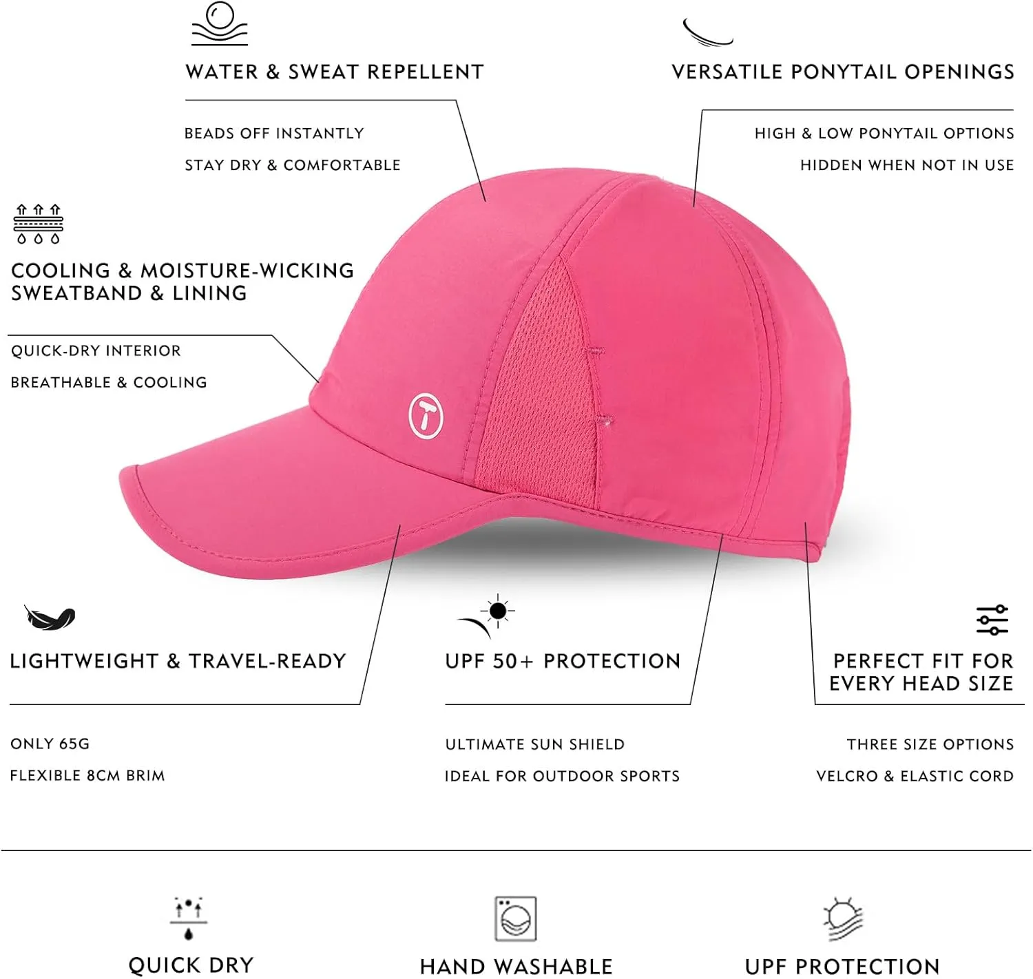TOP-EX XL Cooling UV 50 High Ponytail Baseball Hat for Women - Most Women Start with S/M - Breathable for Running Golf Sports
