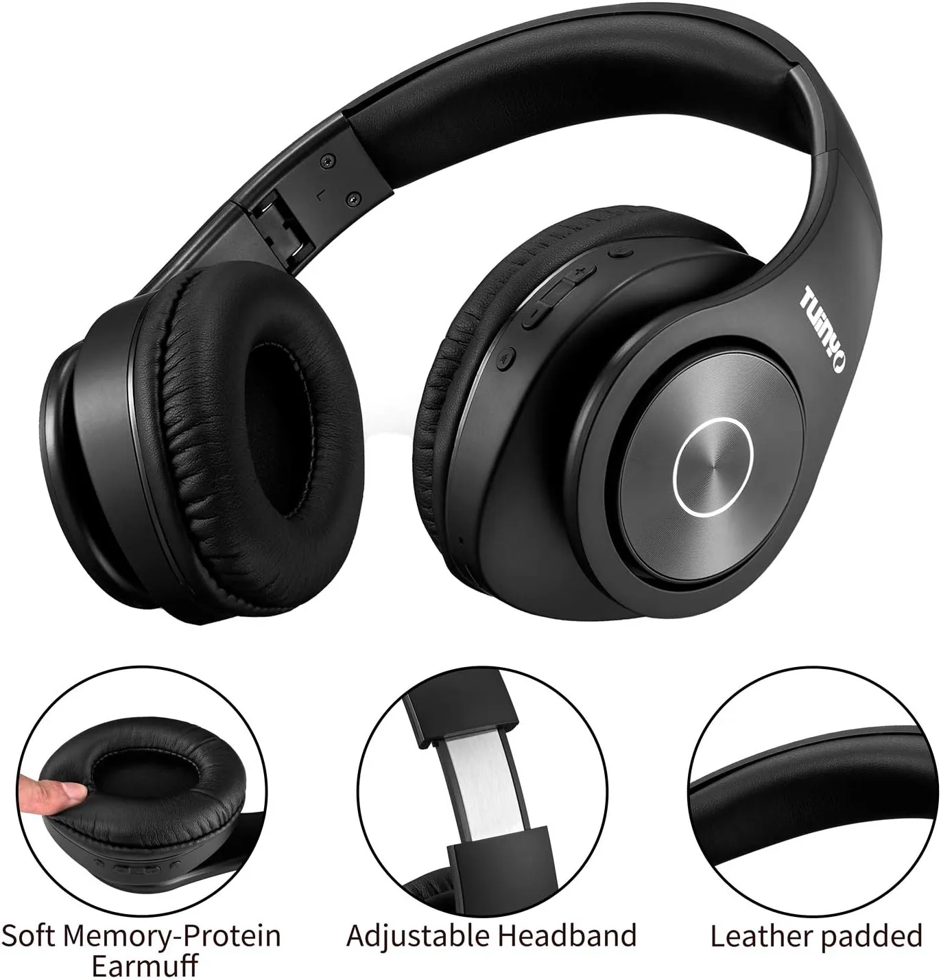TUINYO Wireless Headphones Over Ear, Bluetooth Headphones with Microphone, Foldable Stereo Wireless Headsetfor Travel Work TV PC Cellphone-Black