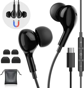 USB C Headphones for iPhone 16 Wired Earphones for Samsung Galaxy S24/S23/S22/S25 Ultra for iPhone 15 Pro Wired Earbuds with Mic Stereo Noise Cancelling Type C Earbuds for Pixel 9/Oneplus 12, Black