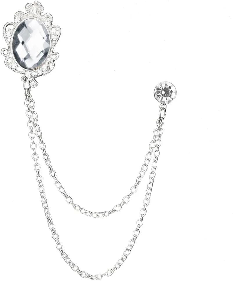 Vintage Gemstone Chain Brooch Pin Rhinestone Long Chain Tassel Suit Pin Zircon Oval Crystal Lapel Pin Jewelry for Women Men