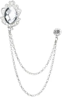 Vintage Gemstone Chain Brooch Pin Rhinestone Long Chain Tassel Suit Pin Zircon Oval Crystal Lapel Pin Jewelry for Women Men