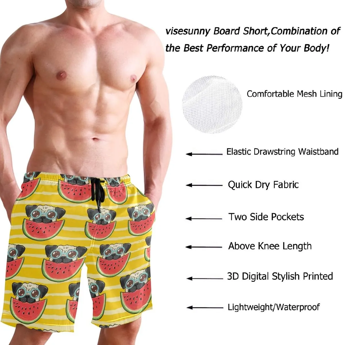 visesunny Men Swim Trunks Swimming Beach Surfing Board Shorts Swimwear Quick Dry Mesh Lining Bathing Suits with Pockets