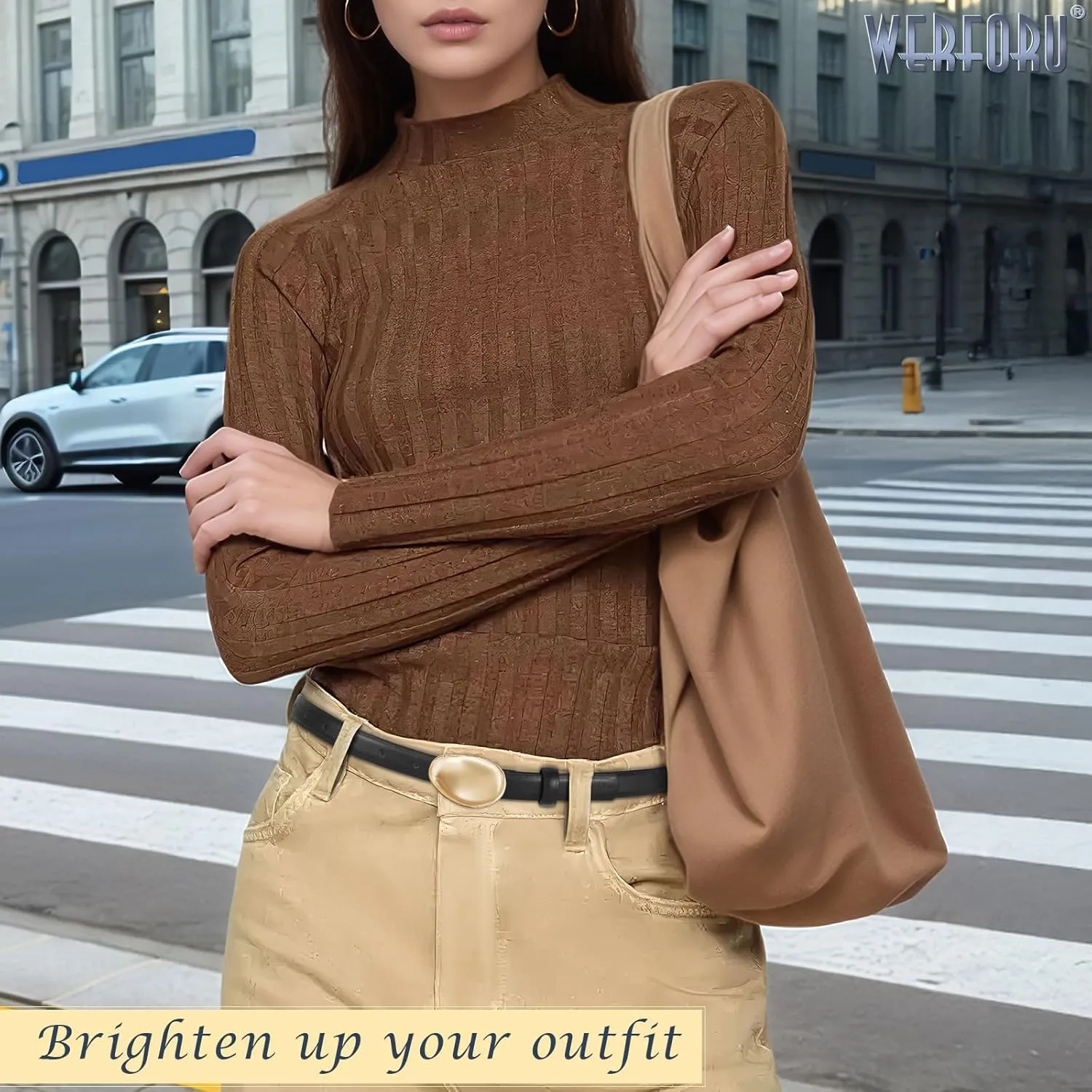 WERFORU Women Skinny Belts for Dress Jeans Ladies Thin Faux Leather Belt with Unique Gold Buckle,0.7" width