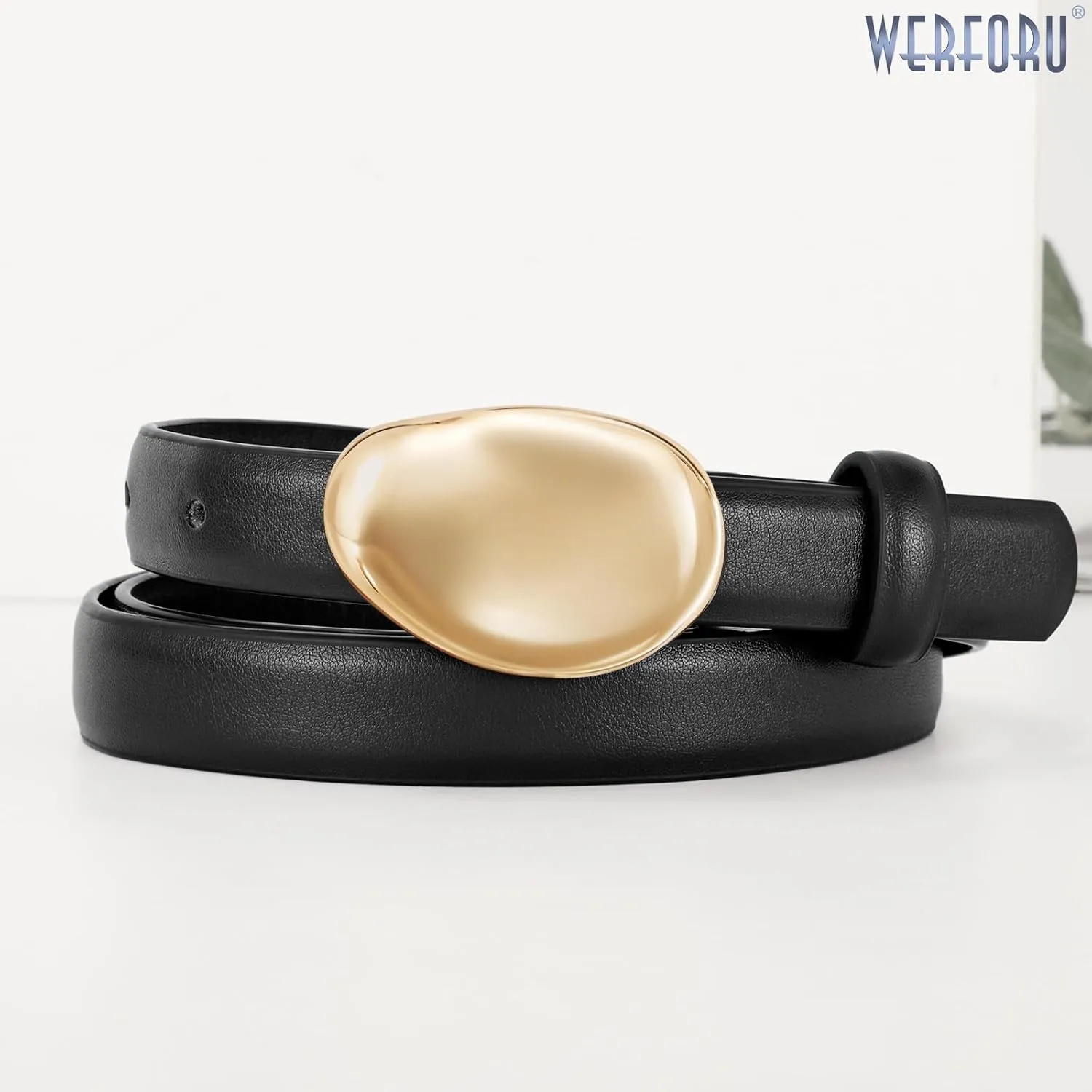 WERFORU Women Skinny Belts for Dress Jeans Ladies Thin Faux Leather Belt with Unique Gold Buckle,0.7" width