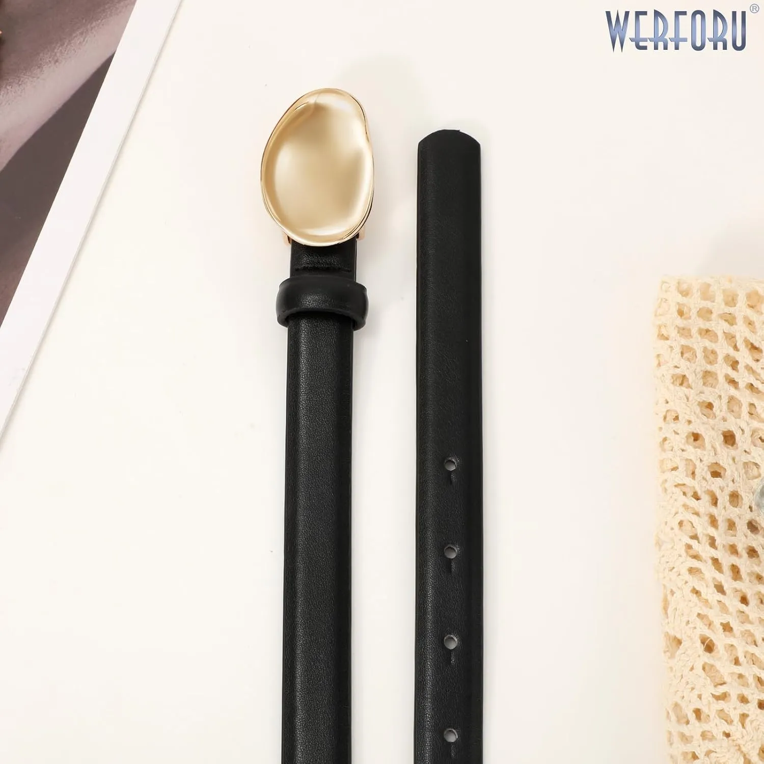 WERFORU Women Skinny Belts for Dress Jeans Ladies Thin Faux Leather Belt with Unique Gold Buckle,0.7" width