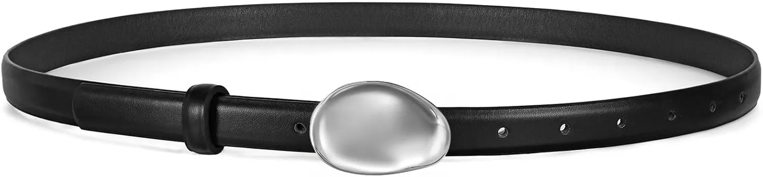 WERFORU Women Skinny Belts for Dress Jeans Ladies Thin Faux Leather Belt with Unique Gold Buckle,0.7" width