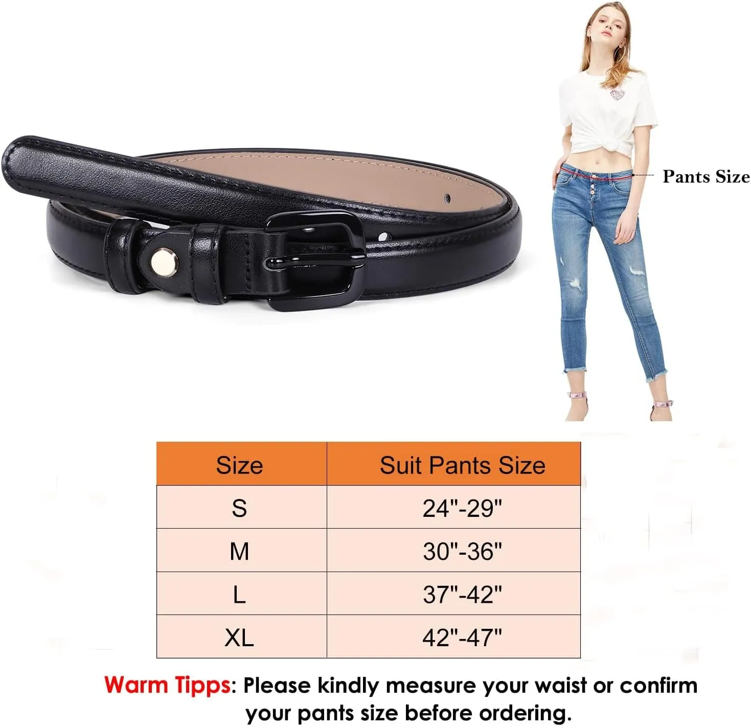 WHIPPY Women Skinny Leather Belt Thin Waist Jeans Belt for Pants in Pin Buckle Belt
