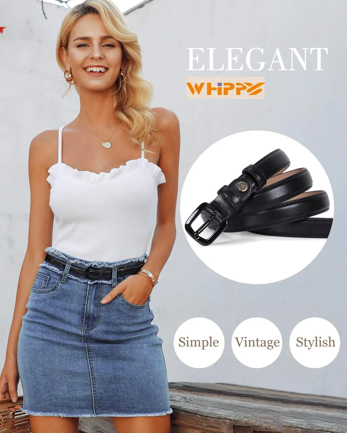 WHIPPY Women Skinny Leather Belt Thin Waist Jeans Belt for Pants in Pin Buckle Belt