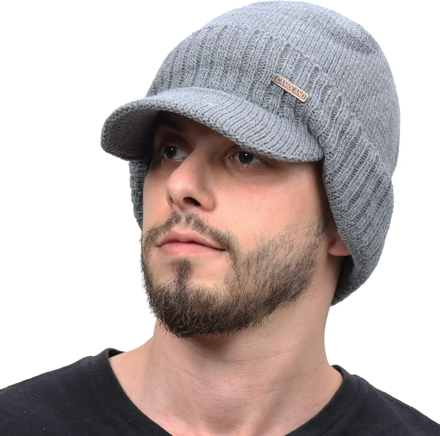 Winter Beanie w/Visor & Earflaps for Men Outdoor Fleece Hat Scarf Set