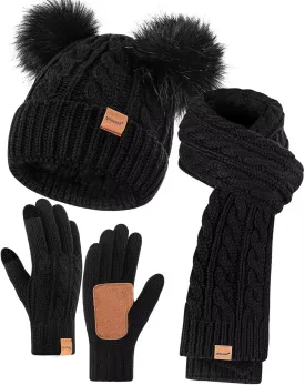 Winter Hat Scarf Glove Set for Women, Fleece Lined Beanie with Double Pom Pom, Touchscreen Gloves Knit Scarf for Cold Weather