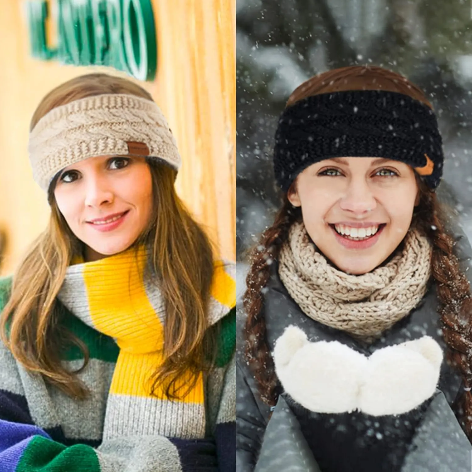 Winter Headbands for Women Wool 2 Pack, Ear Warmers for Women Headband Knit Thick Fleece Lined, Cold Weather Warm Ear Muffs