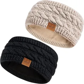 Winter Headbands for Women Wool 2 Pack, Ear Warmers for Women Headband Knit Thick Fleece Lined, Cold Weather Warm Ear Muffs