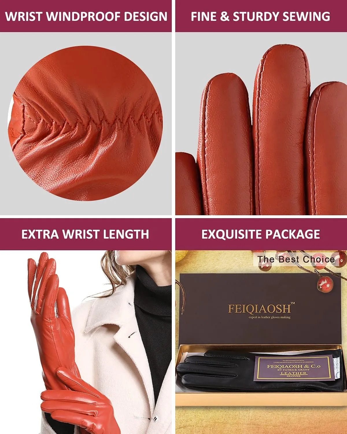 Winter Leather Gloves for Women, Premium Sheepskin Warm Gloves for Cold Weather, Fleece Lining Touch Screen Glove
