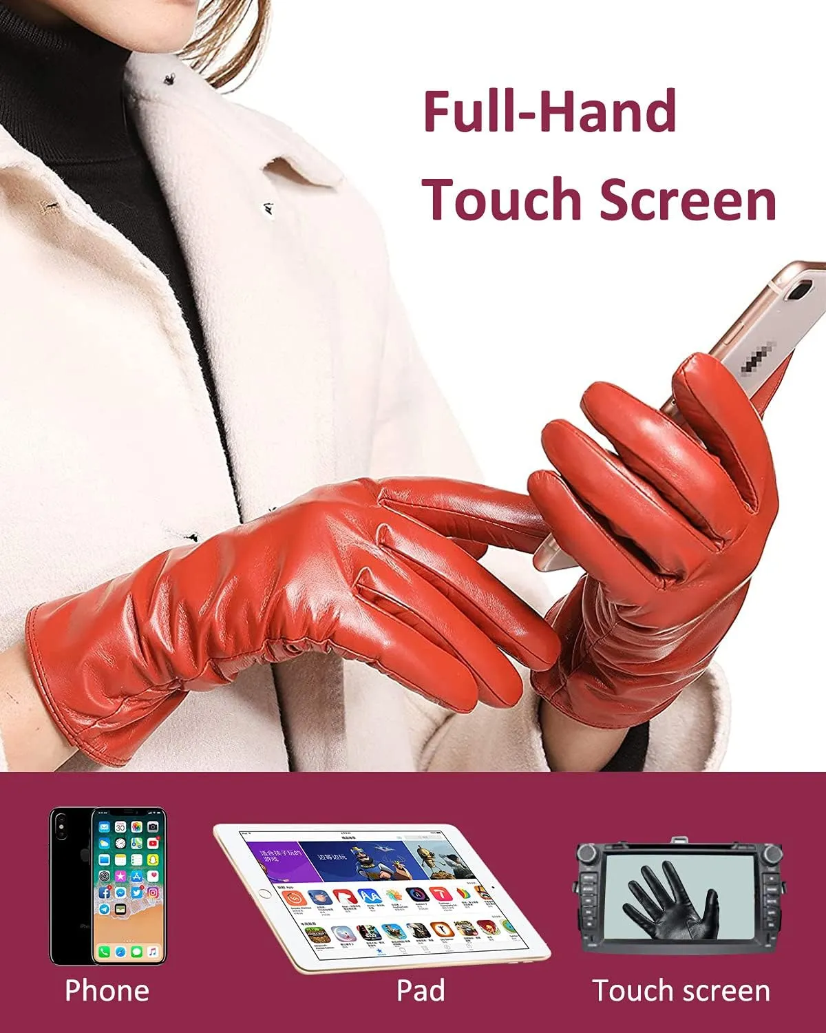 Winter Leather Gloves for Women, Premium Sheepskin Warm Gloves for Cold Weather, Fleece Lining Touch Screen Glove