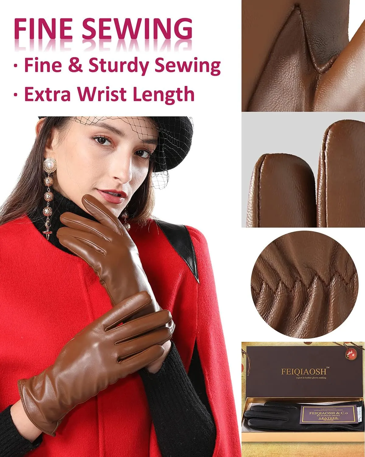 Winter Leather Gloves for Women, Premium Sheepskin Warm Gloves for Cold Weather, Fleece Lining Touch Screen Glove