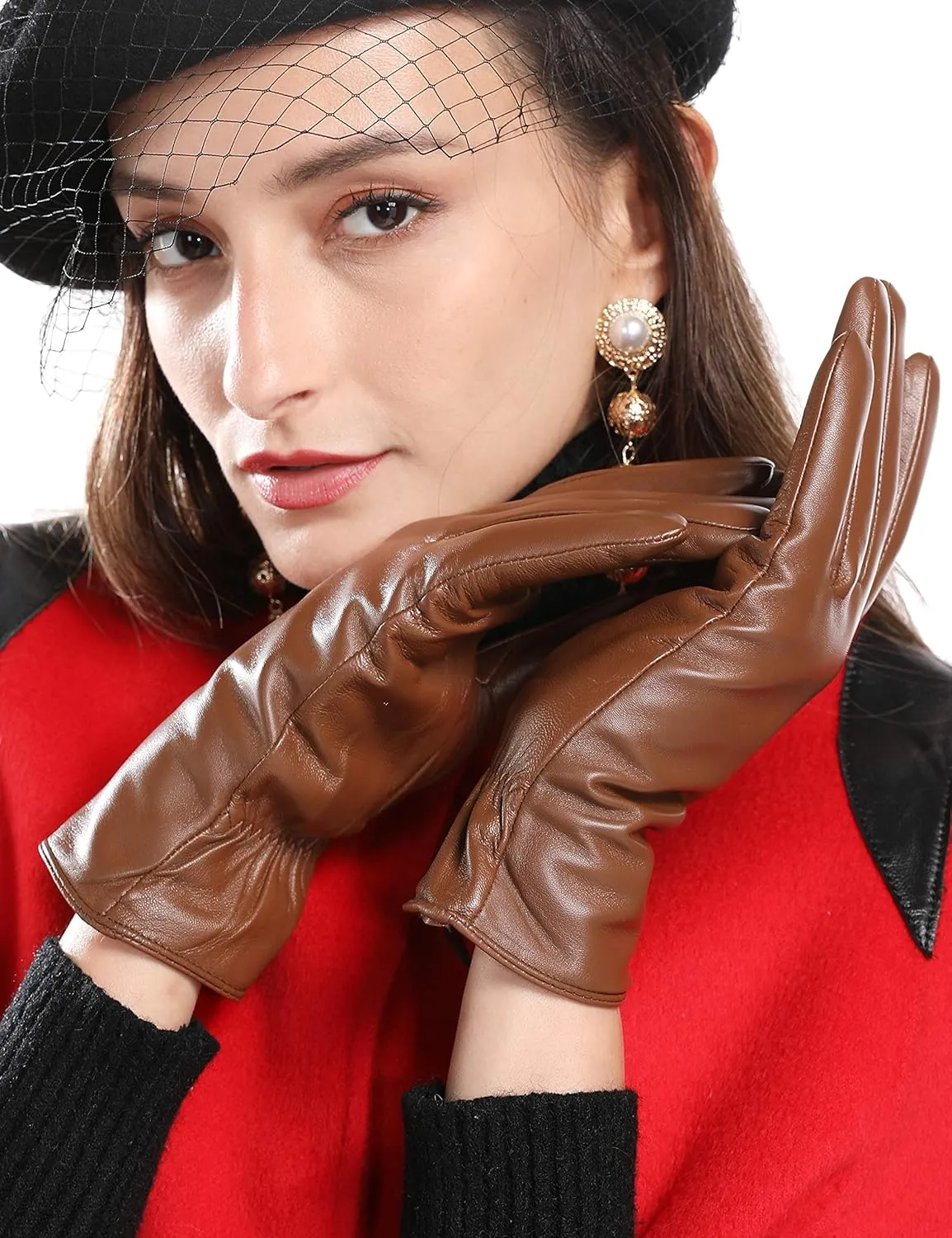 Winter Leather Gloves for Women, Premium Sheepskin Warm Gloves for Cold Weather, Fleece Lining Touch Screen Glove