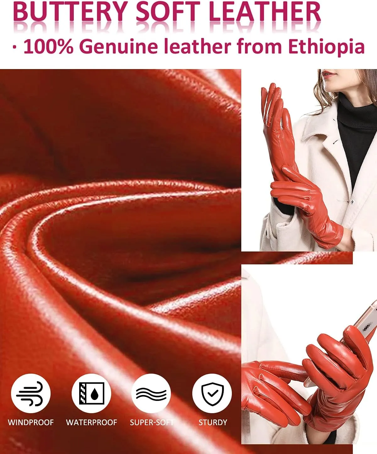 Winter Leather Gloves for Women, Premium Sheepskin Warm Gloves for Cold Weather, Fleece Lining Touch Screen Glove