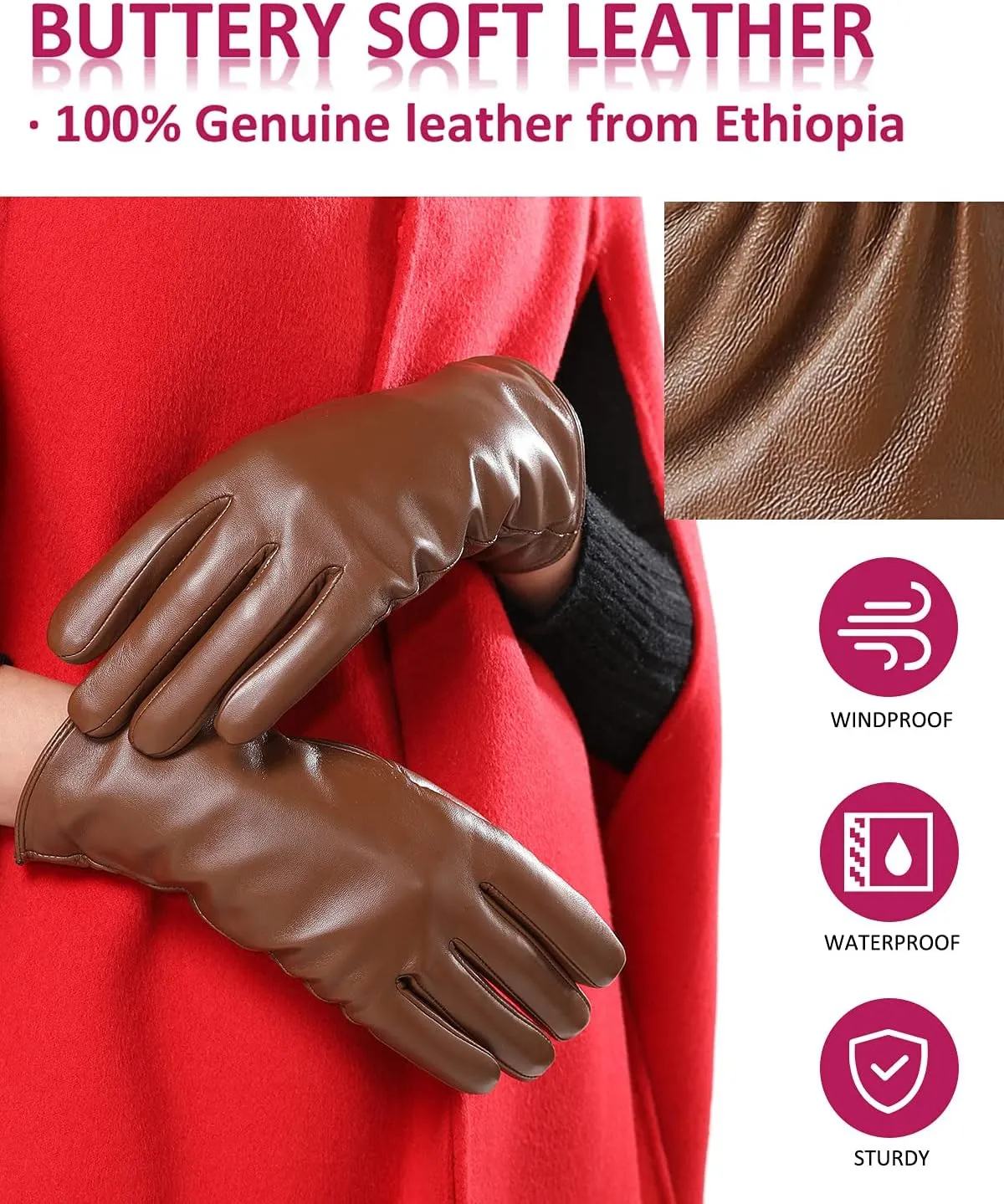 Winter Leather Gloves for Women, Premium Sheepskin Warm Gloves for Cold Weather, Fleece Lining Touch Screen Glove
