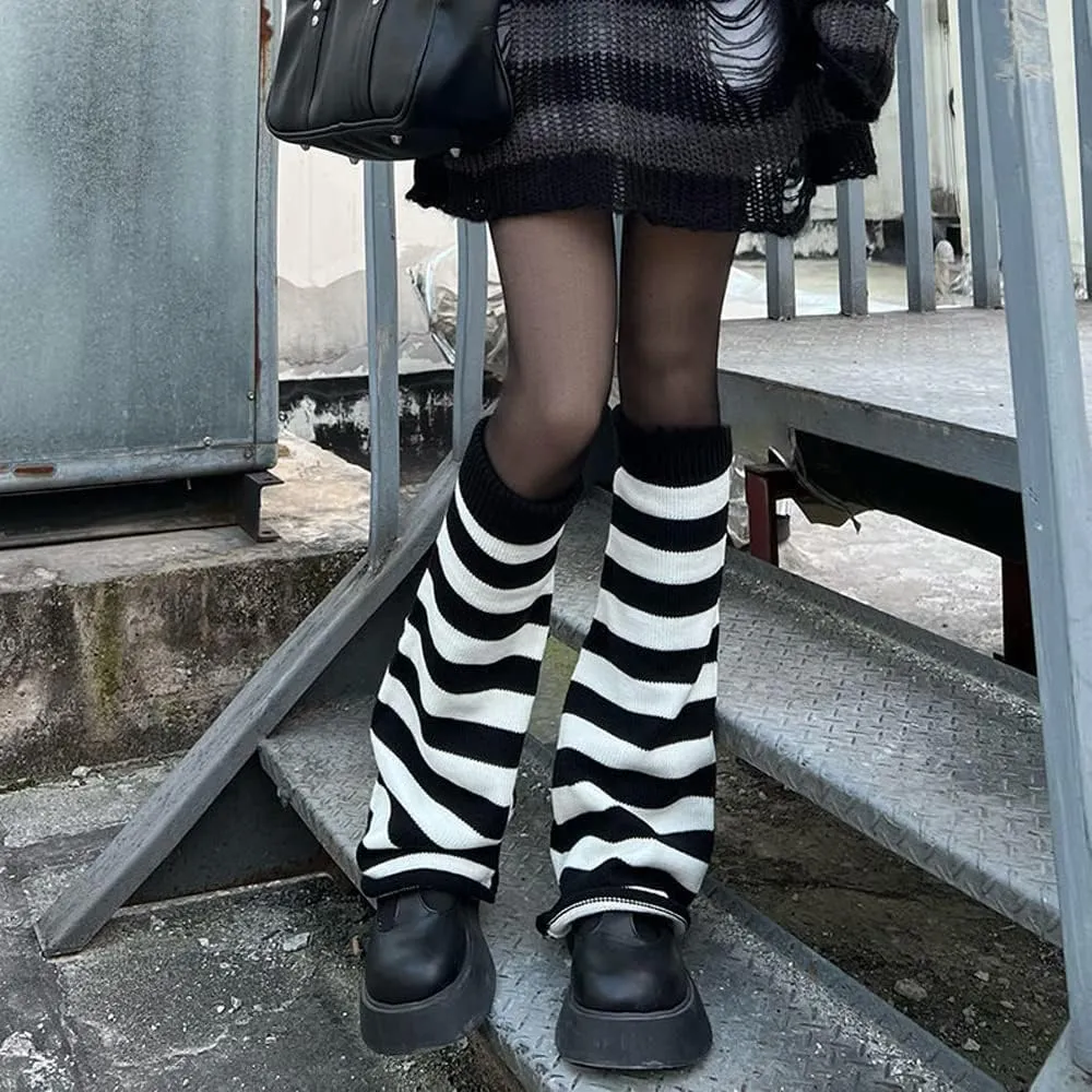 Women Girl Flared Leg Warmers Striped Knit Socks Over Knee Wide Leg Warm Knitted Pile Elephant Socks