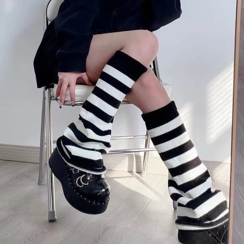 Women Girl Flared Leg Warmers Striped Knit Socks Over Knee Wide Leg Warm Knitted Pile Elephant Socks