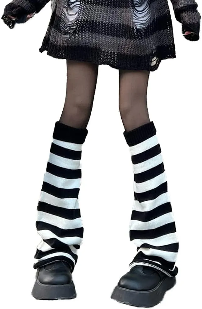 Women Girl Flared Leg Warmers Striped Knit Socks Over Knee Wide Leg Warm Knitted Pile Elephant Socks