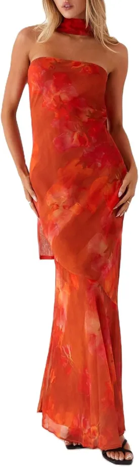 Women Strapless Floral Dress with Sarf Mesh Tube Maxi Dress Summer Cocktail Wedding Guest