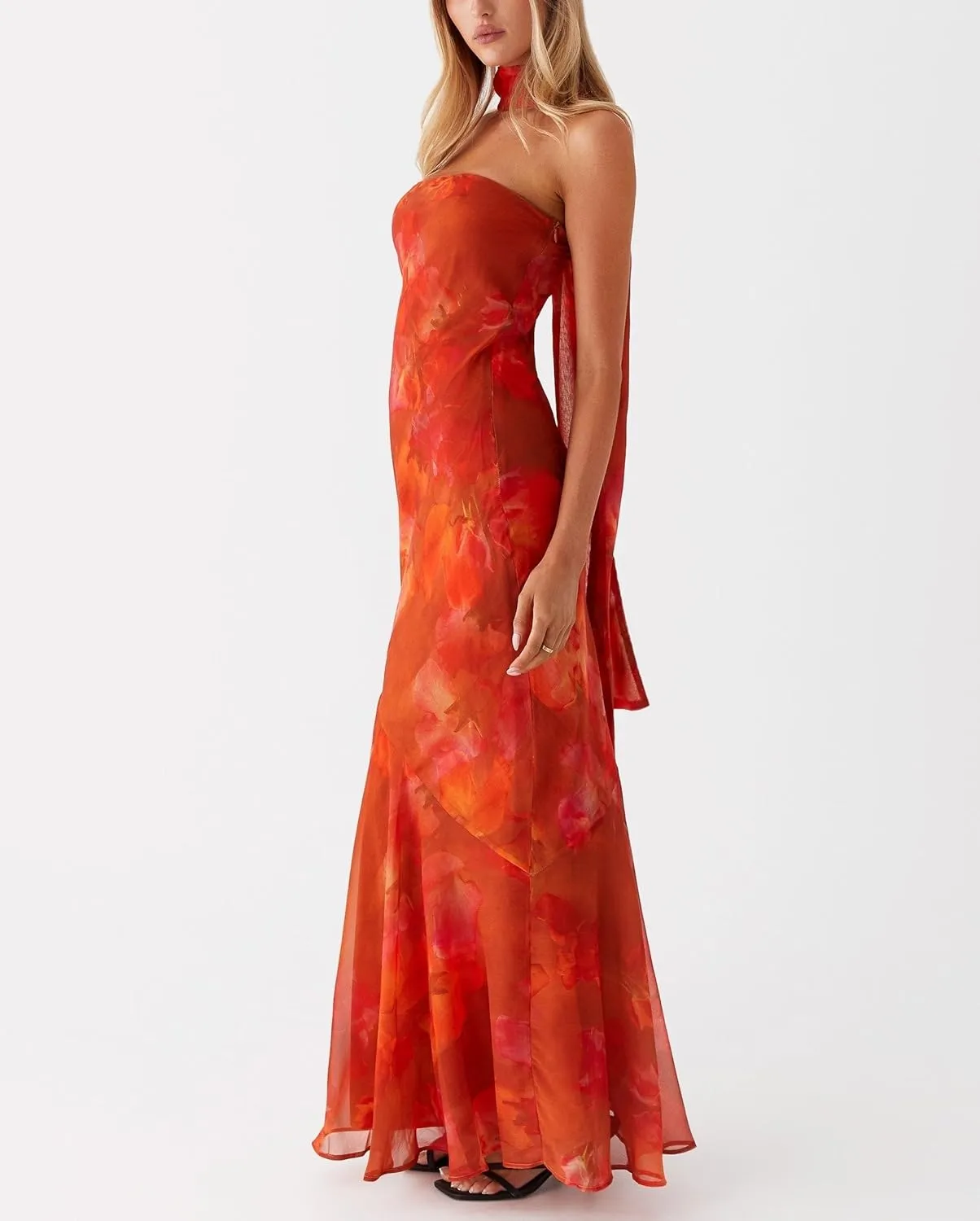 Women Strapless Floral Dress with Sarf Mesh Tube Maxi Dress Summer Cocktail Wedding Guest