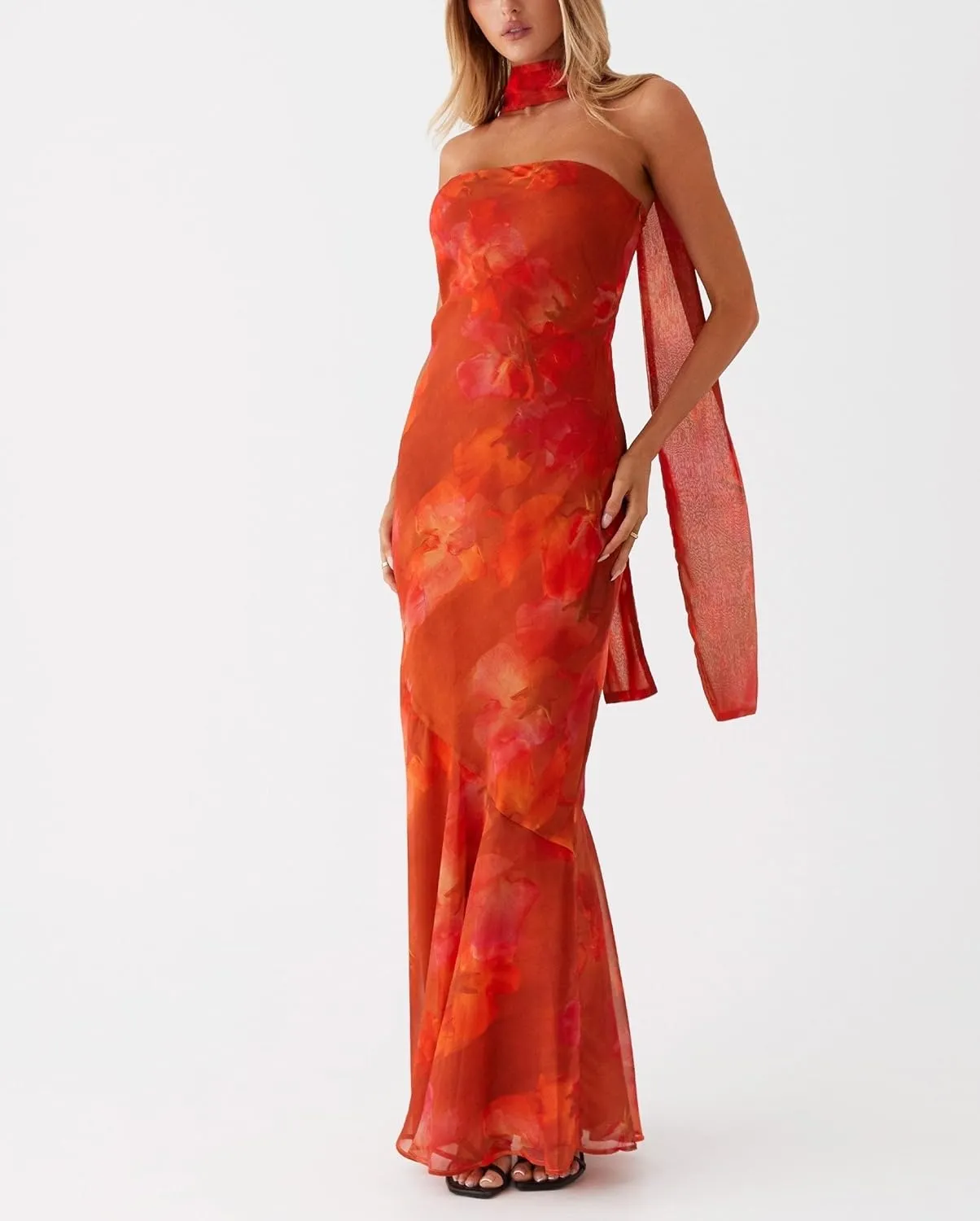 Women Strapless Floral Dress with Sarf Mesh Tube Maxi Dress Summer Cocktail Wedding Guest