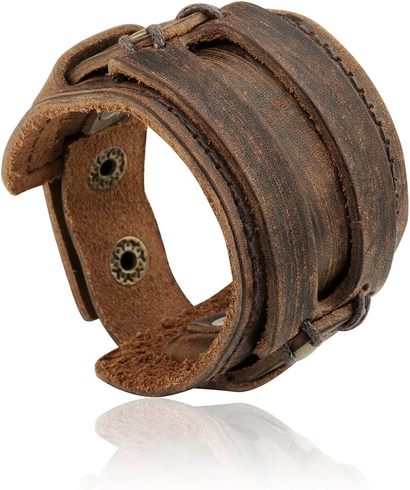 Womens and Mens Genuine Cuff Bangle Leather Bracelet Adjustable Wristband in Punk Design Coffee 30G | Punk Bracelets | Bracelets for Men | Bracelets for Women Trendy | Wristbands for men