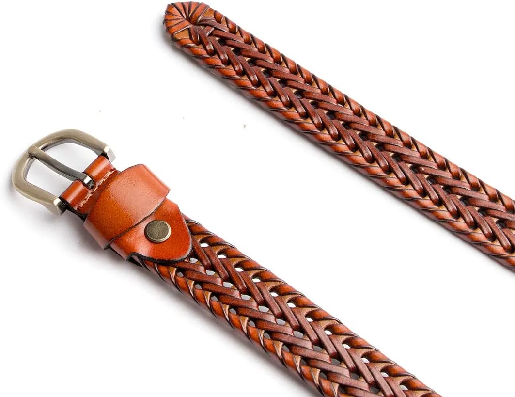 Women's Braided Genuine Real Leather Narrow Belt Adjustable Casual Waist Strap for Jeans Dresses Everyday Outfits