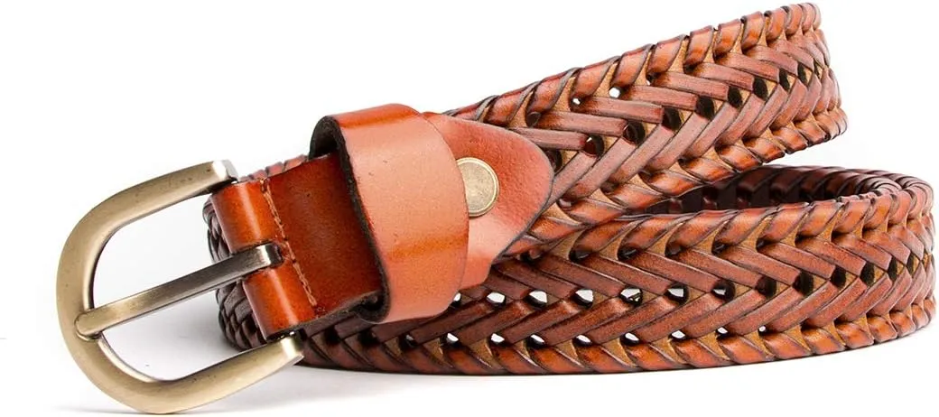 Women's Braided Genuine Real Leather Narrow Belt Adjustable Casual Waist Strap for Jeans Dresses Everyday Outfits