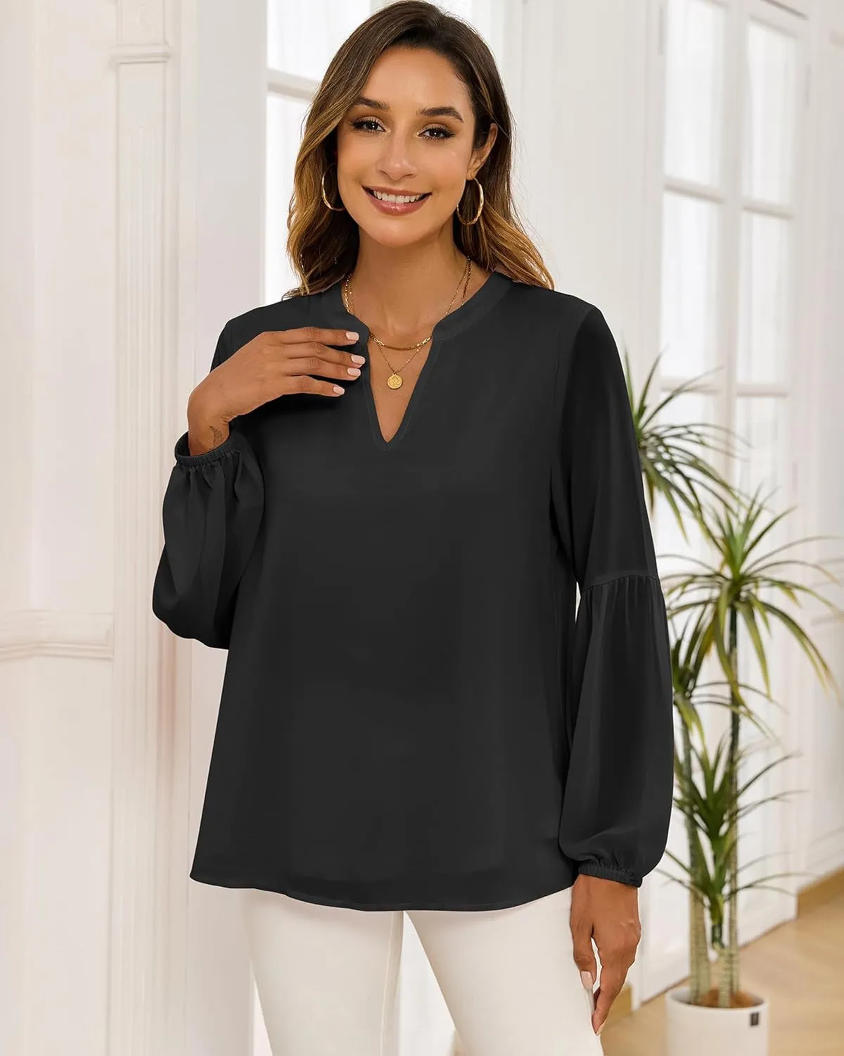 Womens Casual Boho Blouse Fashion Floral Shirts V Neck Long Sleeve Lightweight Chiffon Loose Tops