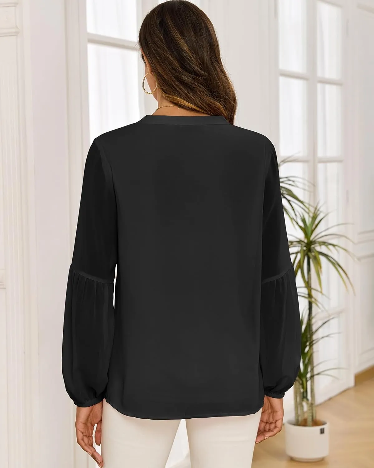 Womens Casual Boho Blouse Fashion Floral Shirts V Neck Long Sleeve Lightweight Chiffon Loose Tops