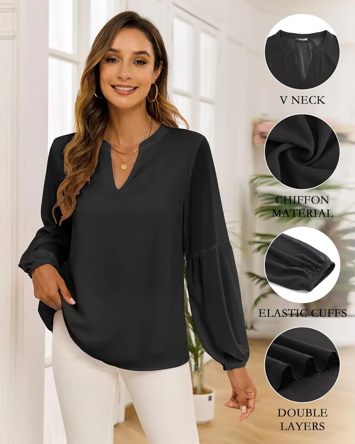 Womens Casual Boho Blouse Fashion Floral Shirts V Neck Long Sleeve Lightweight Chiffon Loose Tops