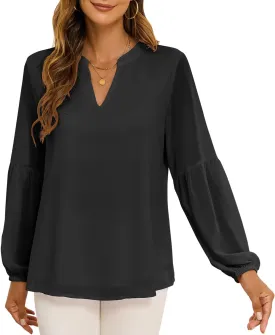 Womens Casual Boho Blouse Fashion Floral Shirts V Neck Long Sleeve Lightweight Chiffon Loose Tops
