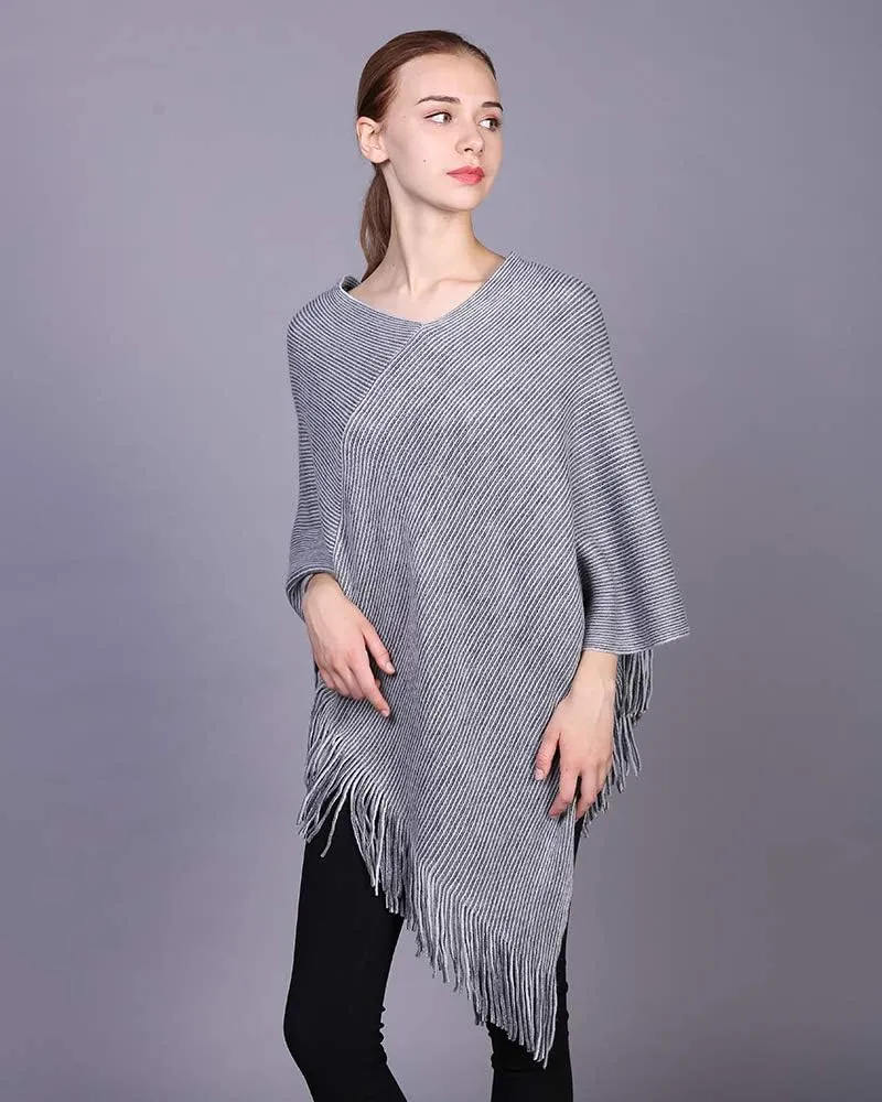 Womens Poncho Sweater V Neck Knitted Pullover Shawls Wraps Capes with Fringes Gifts for Women Mom