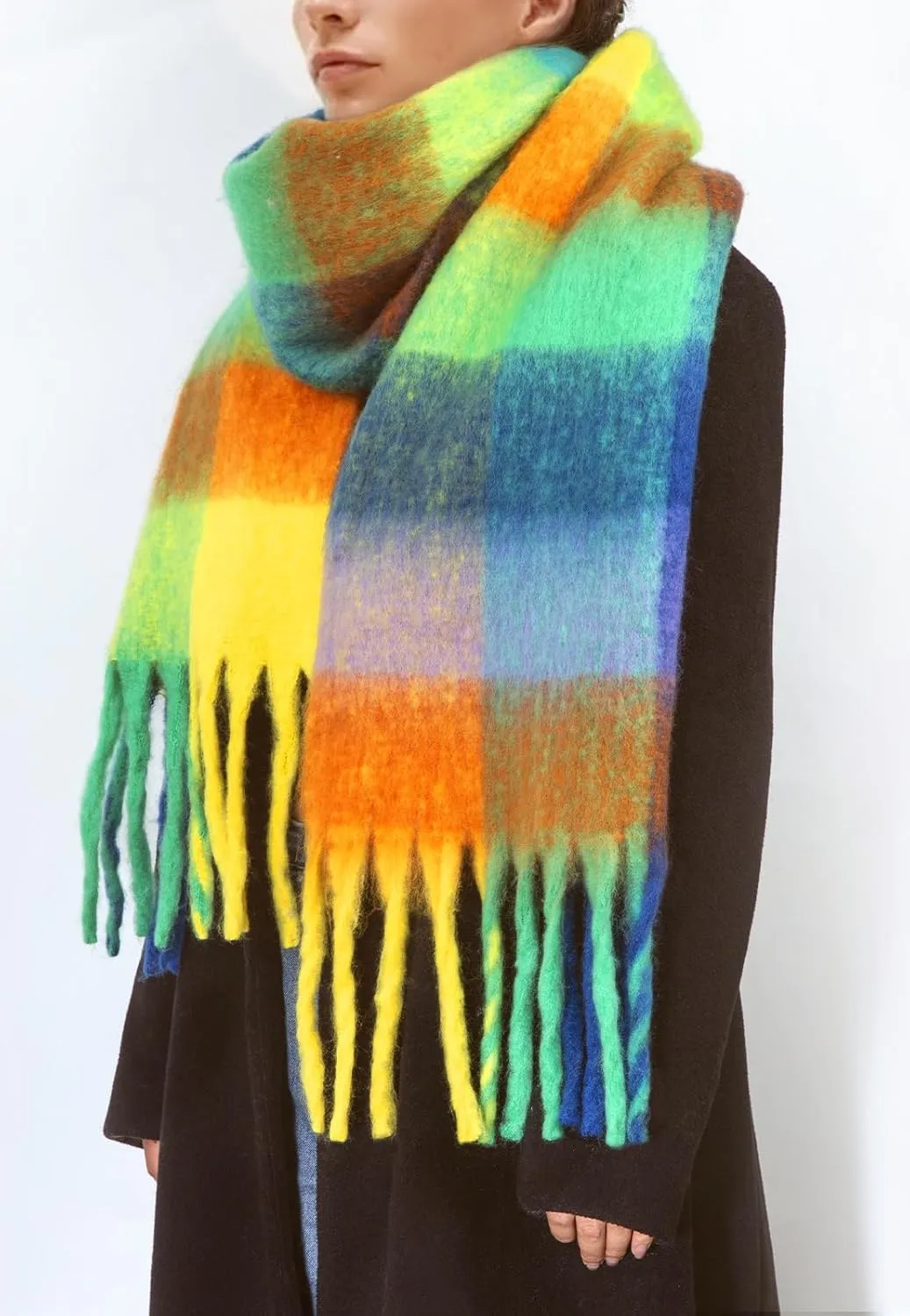 Womens Scarf Winter Big Colorful Checked Thick Warm Soft Scarves Casual Tassel Blanket Scarf