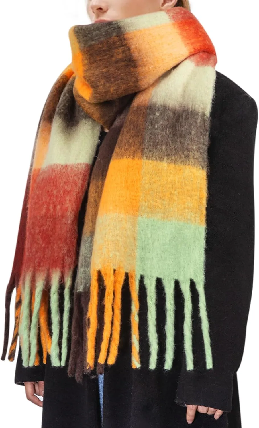 Womens Scarf Winter Big Colorful Checked Thick Warm Soft Scarves Casual Tassel Blanket Scarf