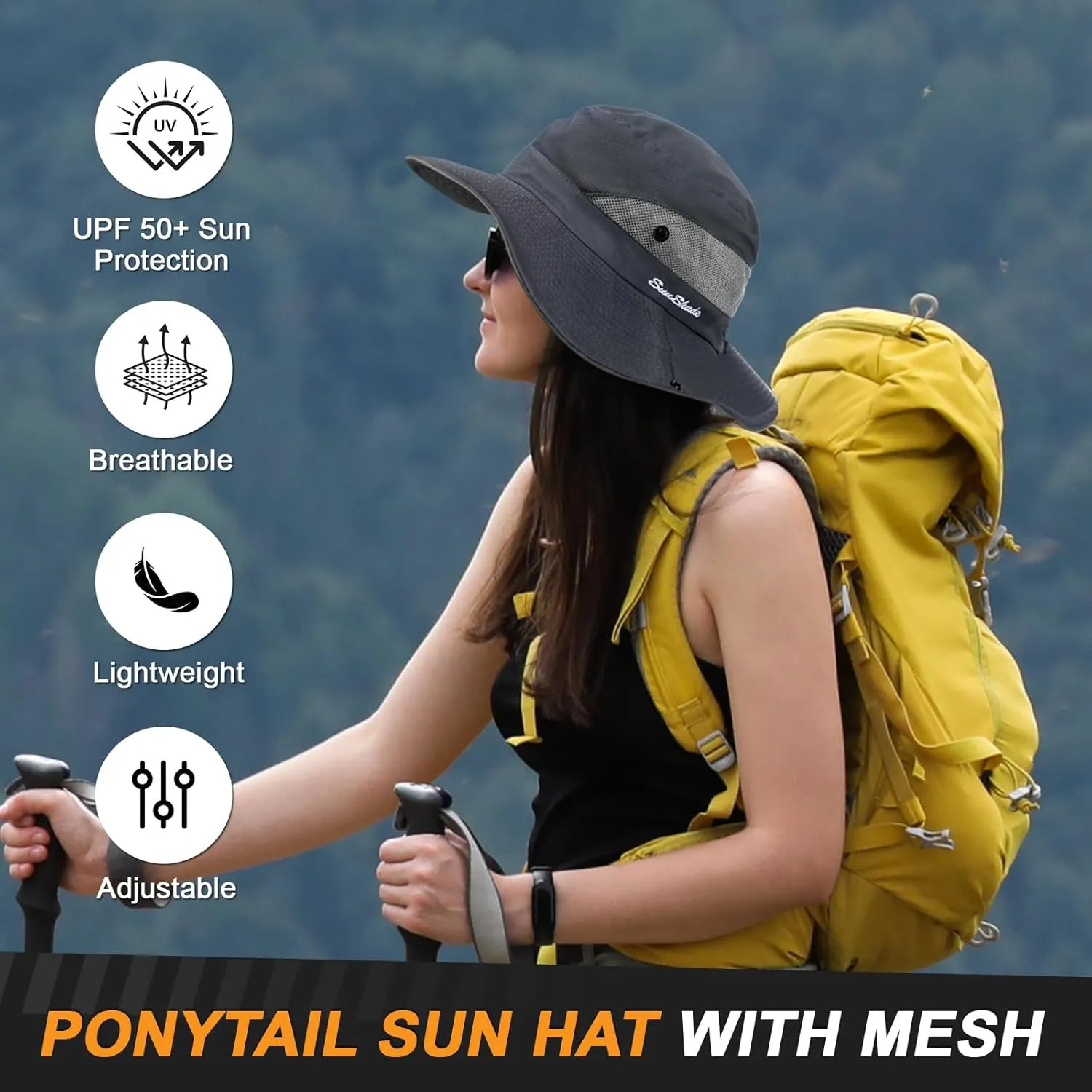 Womens Sun Hat - Sun Hats for Women with Ponytail Hole, Foldable Wide Brim Cooling Mesh Beach Fishing Hat for Outdoor