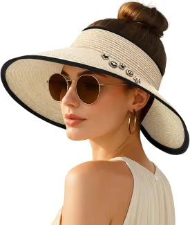 Women's Sun Visor Hats Wide Brim Straw Beach Hat Ponytail Hats for Women Foldable Floppy