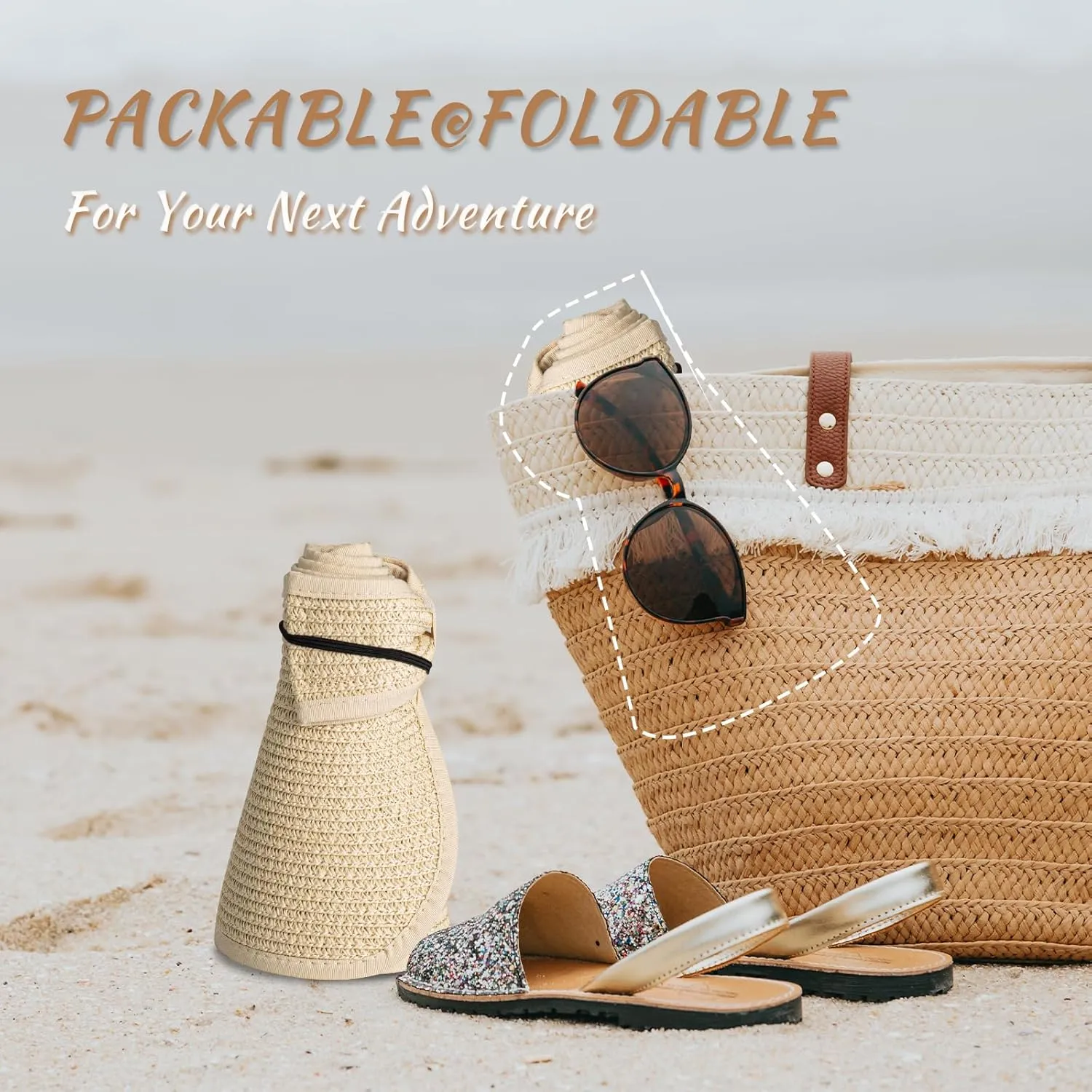 Women's Sun Visor Hats Wide Brim Straw Beach Hat Ponytail Hats for Women Foldable Floppy