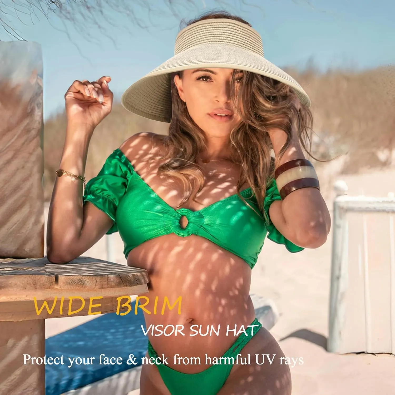 Women's Sun Visor Hats Wide Brim Straw Beach Hat Ponytail Hats for Women Foldable Floppy