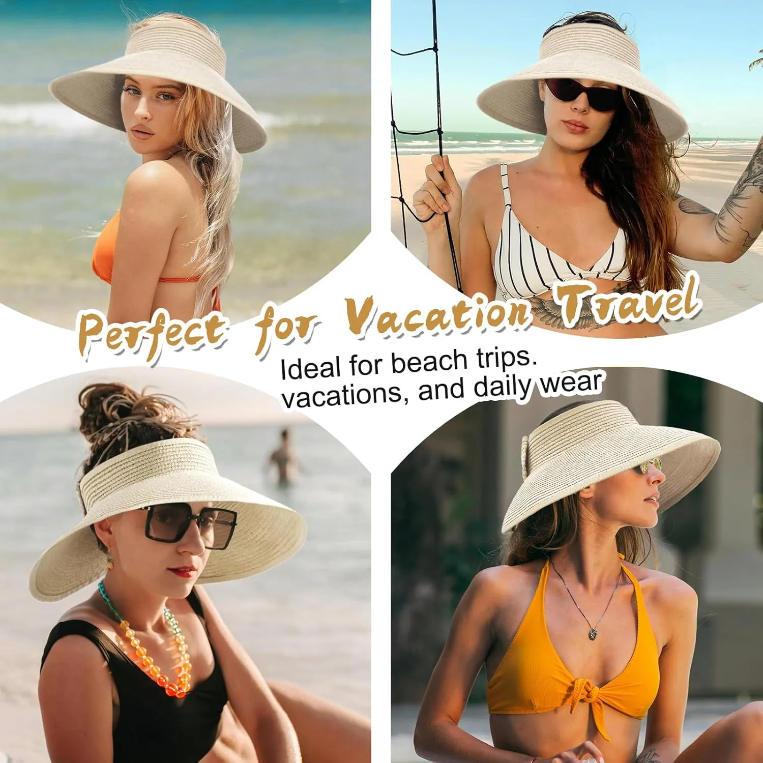 Women's Sun Visor Hats Wide Brim Straw Beach Hat Ponytail Hats for Women Foldable Floppy